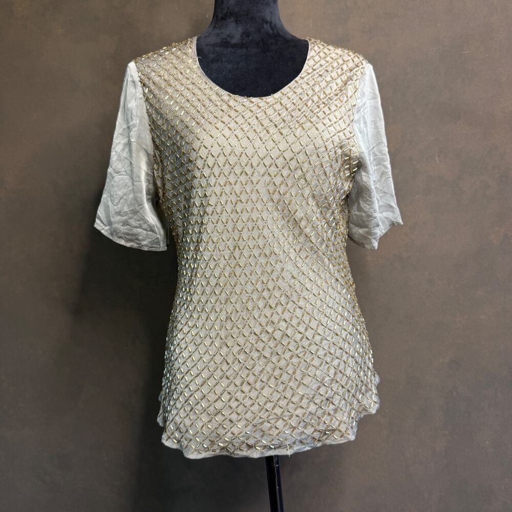 Anne Weyburn Beaded Top Embellished Scoop Neck Gold Polyester Sheer Size 14/42